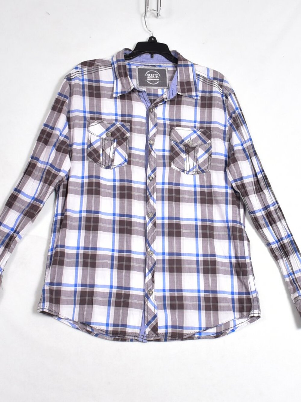 BKE Standard Fit Button Front Shirt Long Sleeve Blue Gray Plaid Mens Size Large